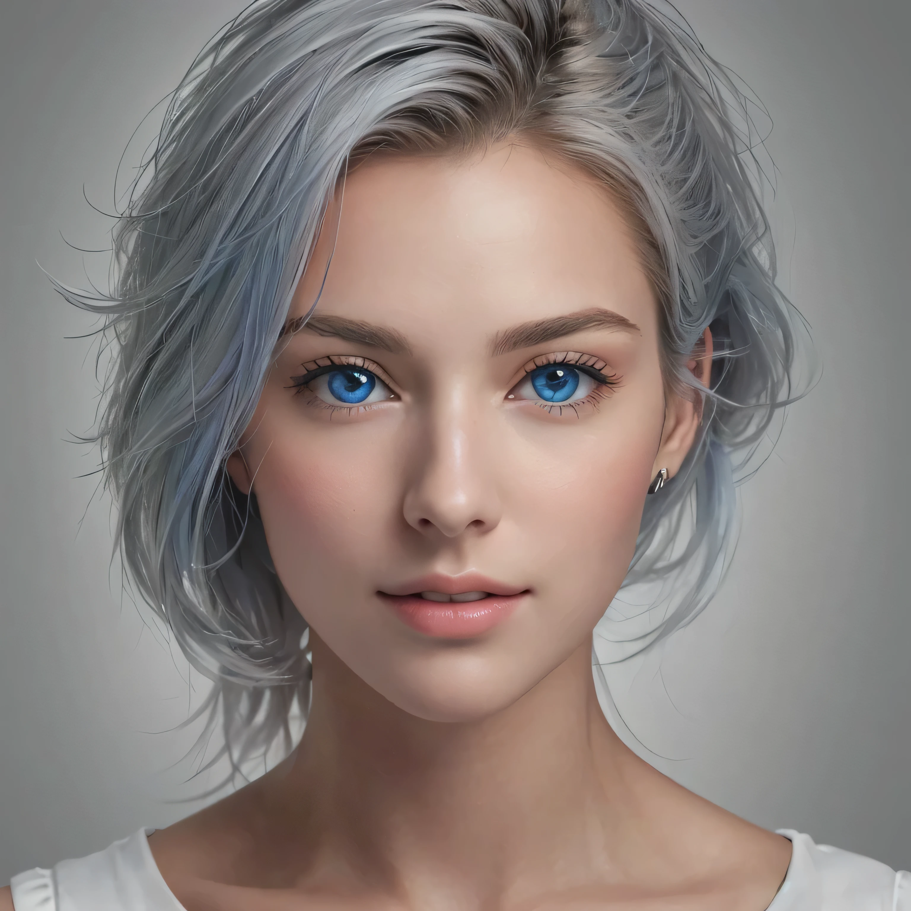 gleicher gesichtsausdruck, haare silbern, augen blau, white tank top instead of shirt