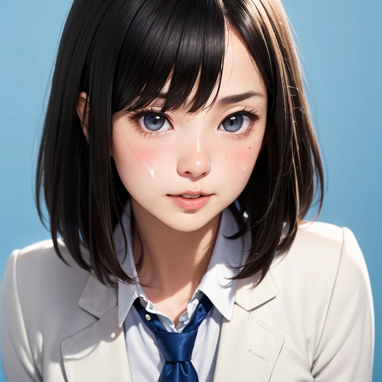 NSFW, (kawaii 24 year-old Japanese girl, Nogizaka idol, Korean idol), (glossy hair, very short hair, bangs:1.3), (beautiful black eyes, rounded face, single eyelid, no makeup:1.4), (embarrassed, noseblush, half opened mouth:1.5), (a few semen on the face, bukkake:1.5), (wearing suit jacket, collared shirt, necktie:1.3), (extra small breasts:0.9), (looking at away out of frame:1.5), BREAK, (simple blue background:1.3), (view from forward, bust shot:1.3), BREAK, (masterpiece, best quality, photo realistic, official art:1.4), (UHD, 8K quality wallpaper, high resolution, raw photo, golden ratio:1.3), (shiny skin), professional lighting, physically based rendering, award winning, (highly detailed skin, extremely detailed face and eyes), Carl Zeiss 85 mm F/1.4, depth of field, 1girl, solo,