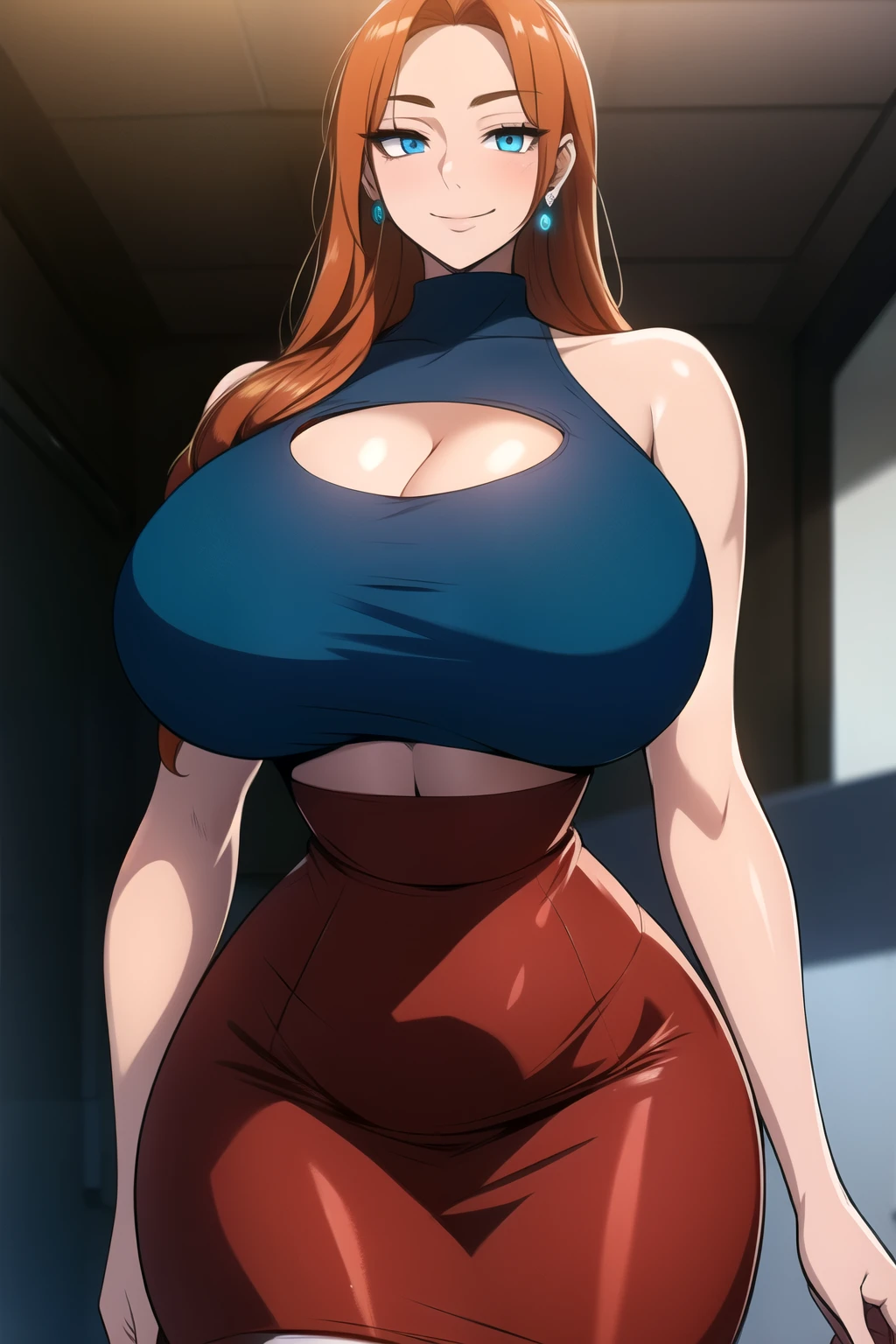 masterpiece, best quality, absurdres, 8k, perfect shadows,perfect lighting,hdr, ambient lighting, cowboy shot,shiny skin,skindentation, beautiful body, NamiFinal, orange hair, long hair, blue eyes, (red crop top, turtleneck, bare shoulders, pencil skirt, cleavage, jewelry earrings,tight fit, complex detailed background, inside, luxury palace) (gigantic breasts,hourglass body, thin waist,very slim waist)extremely detailed face,detailed eye makeup, detail face, nice detailed eyes,nice hands, perfect hands (realistic pupils,realistic iris:1) heavy eye makeup,glowing eyes, Bright eyes,standing,standing at attention,(seductivel smile), gigantic breasts, curvy