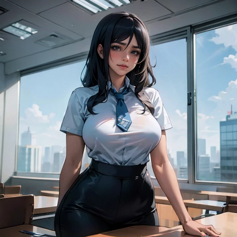 A woman wearing a white office t-shirt, wearing a tie around your neck, uma saia preta, meias longas femininas, seios grandes, cabelo loiro longo, olhos azuis, in an office in a large building, com tabelas, computadores, a window overlooking several buildings, lugar brilhante, efeito de desfoque de fundo, HDR, ultra resolution, bem definido, obra de arte, 8k HD.
