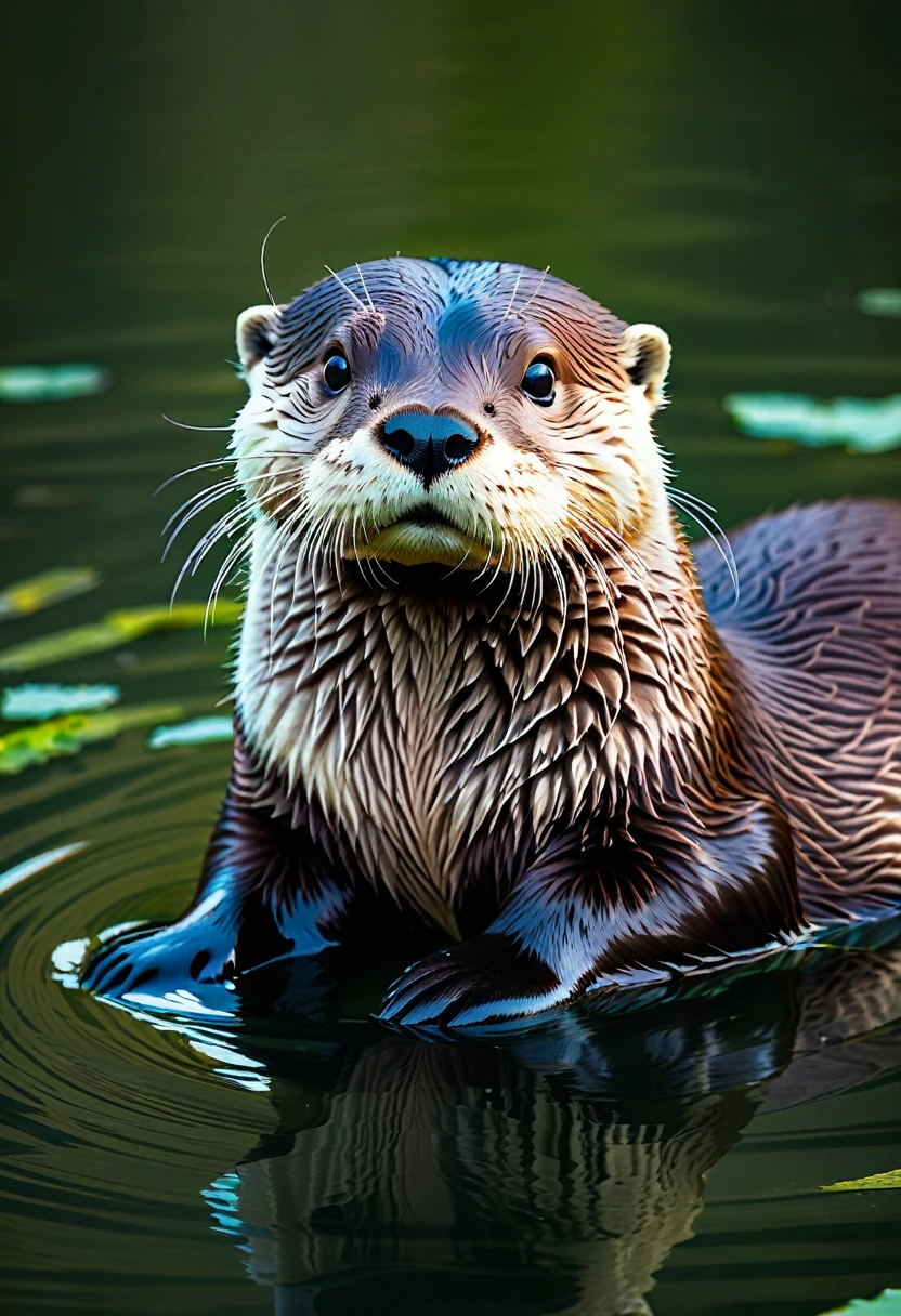 An otter laying on the water surface od the river