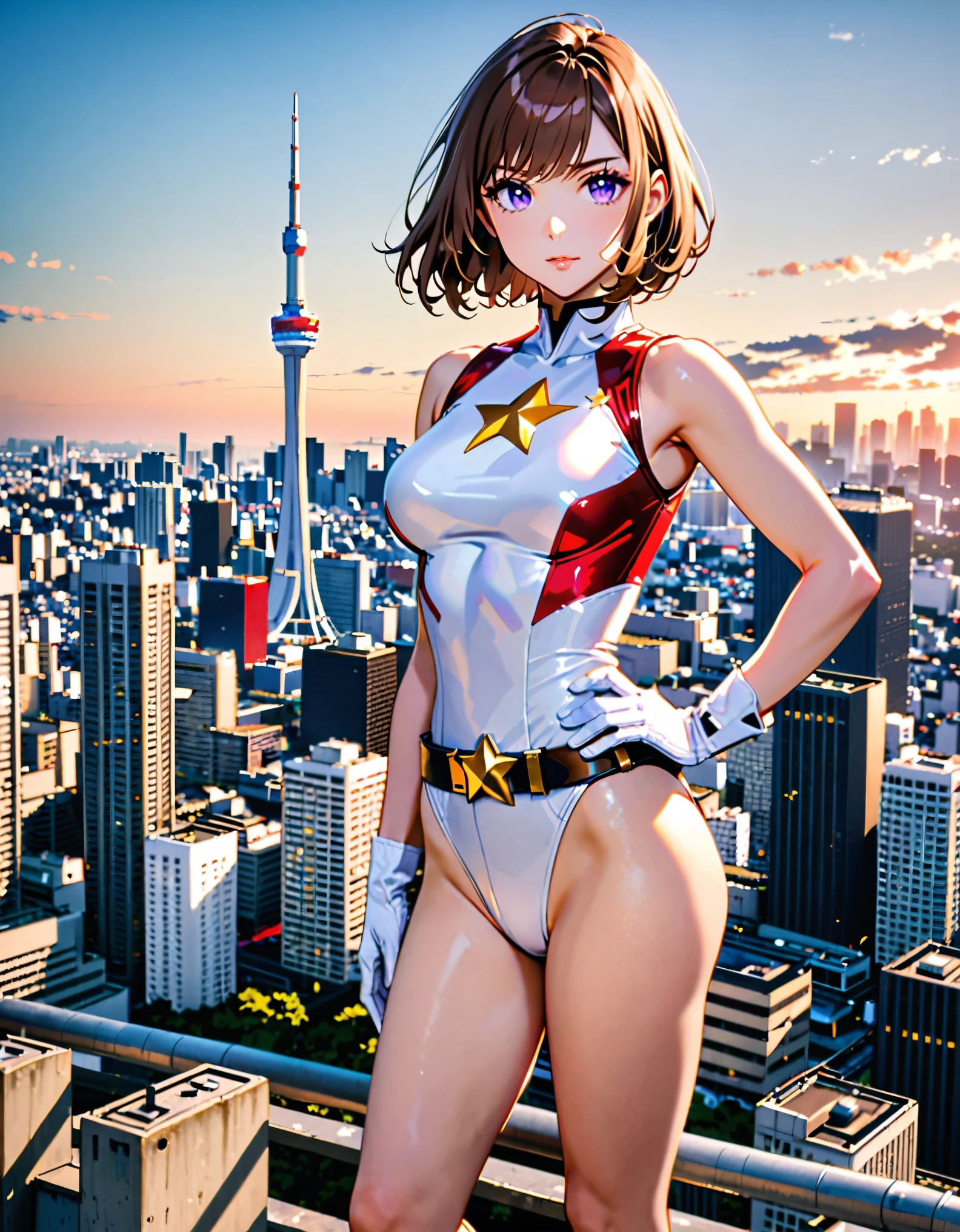 (masterpiece), (best quality), (high res), medium breasts, ((leotard, white and red leotard, matching leotard, sleeveless, bare legs)), ((tight belt, gold belt)), ((boots, matching boots, ankle-high boots, white boots)), ((gloves, white gloves)), city backdrop, tokyo city backdrop, solo, single, hands on hip, standing, (full body), cowboy shot, superhero, ((beautiful detailed eyes)), ((gold star symbol on chest)), (brown hair, medium hair, bob hair, purple eyes), (perfect hands, perfect anatomy), cowboy shot, superhero, ((beautiful detailed eyes)).