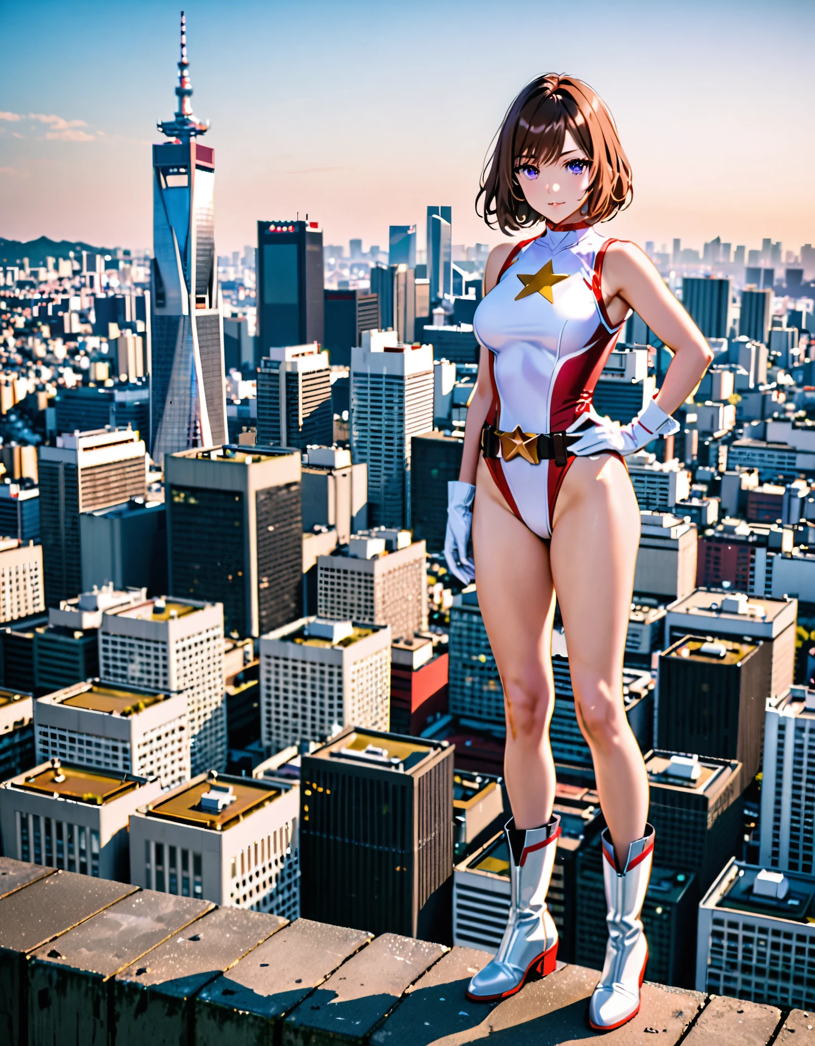 (masterpiece), (best quality), (high res), medium breasts, ((leotard, white and red leotard, matching leotard, sleeveless, bare legs)), ((tight belt, gold belt)), ((boots, matching boots, ankle-high boots, white boots)), ((gloves, white gloves)), city backdrop, tokyo city backdrop, solo, single, hands on hip, standing, (full body), cowboy shot, superhero, ((beautiful detailed eyes)), ((gold star symbol on chest)), (brown hair, medium hair, bob hair, purple eyes), (perfect hands, perfect anatomy), cowboy shot, superhero, ((beautiful detailed eyes)).