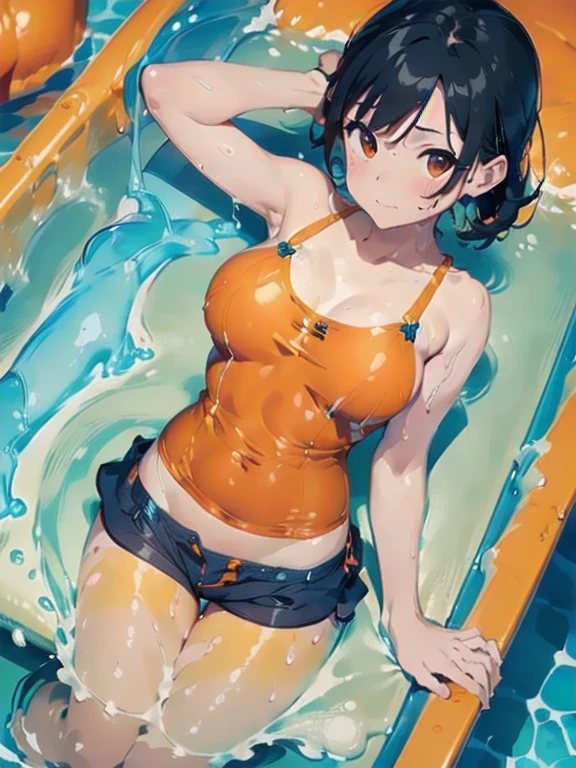 (Orange swimsuit(Orange camisole,Soaked with slimy liquid):1.2),(Navy blue shorts(Soaked with slimy liquid):1.3),All fours pose,Big Breasts,(Soaked with slimy liquid:1.1),(Slimy liquid bath:1.2),