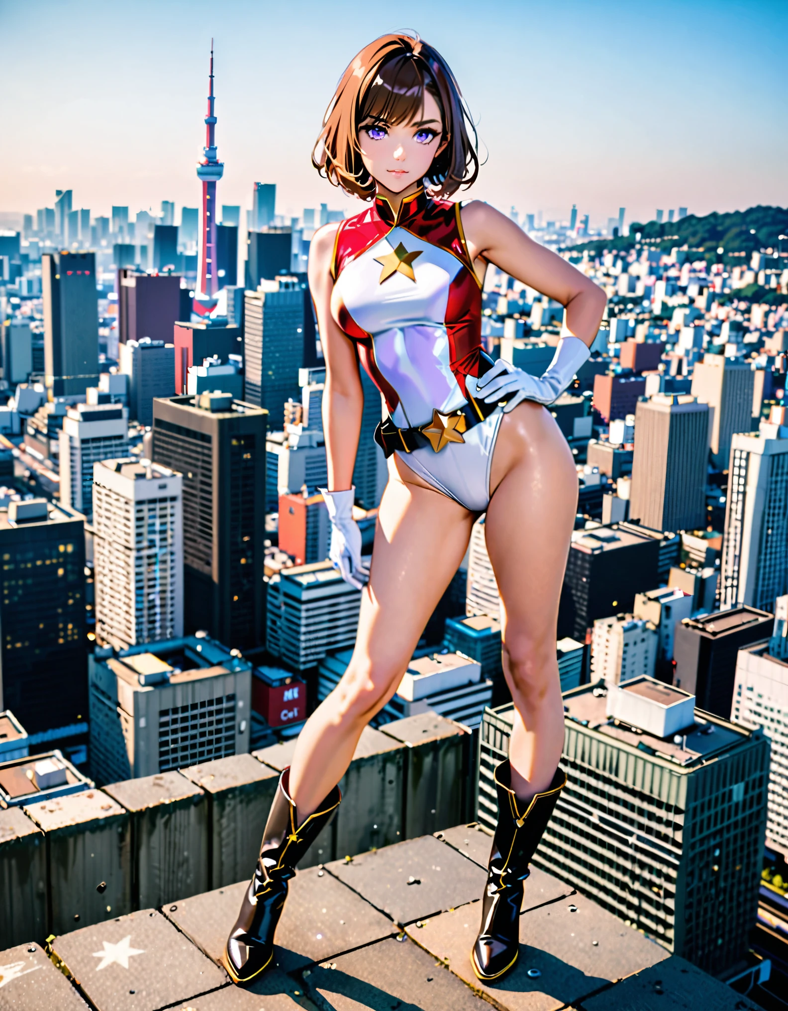 (masterpiece), (best quality), (high res), medium breasts, ((leotard, white and red leotard, matching leotard, sleeveless, bare legs)), ((tight belt, gold belt)), ((boots, matching boots, ankle-high boots, white boots)), ((gloves, white gloves)), city backdrop, tokyo city backdrop, solo, single, hands on hip, standing, (full body), cowboy shot, superhero, ((beautiful detailed eyes)), ((gold star symbol on chest)), (brown hair, medium hair, bob hair, purple eyes), (perfect hands, perfect anatomy), cowboy shot, superhero, ((beautiful detailed eyes)).