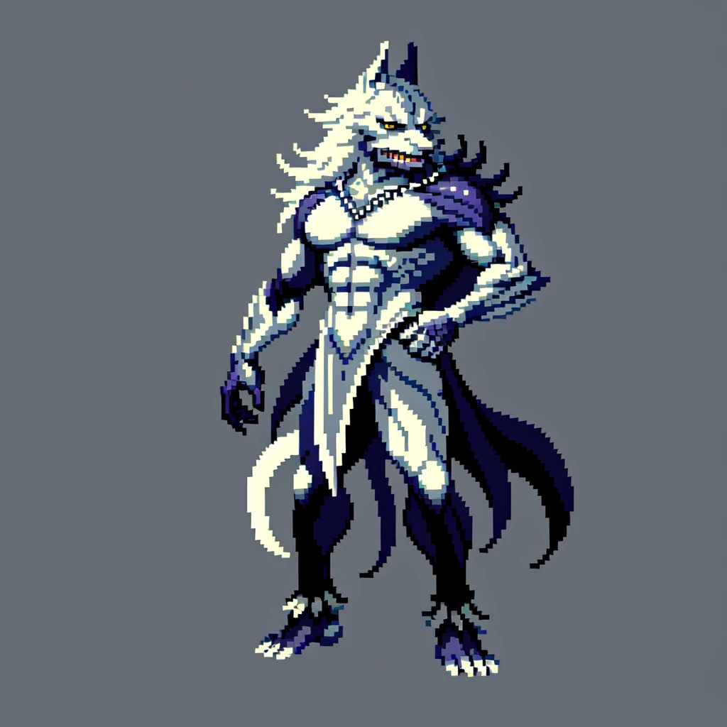 (masterpiece, top quality, best quality), pixel,pixel art,1werewolf,silver fur,full body