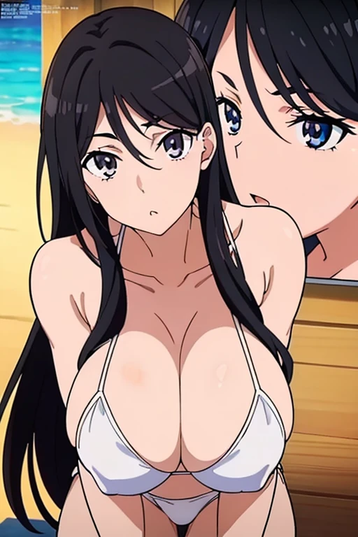 (masutepiece, Best Quality, High resolution, anime screen cap, anime colours, megami magazine:1.2, anime poster style, anime keyvisual, sharp, 8k, photorealistic), (beautiful eyes:1.5), Blowmailing, 1girl in, Cute, blush, (Long Black Hair), (large breasts:1.5), cleavage, (White Bikini:1.5), from below, cowboy shot, standing, (Perfect Anatomy, beautifull detailed face, Beautiful detailed eyes, beautiful detailed hair, Beautiful detailed body), (thick outline, Beautiful outlines, black outlines)