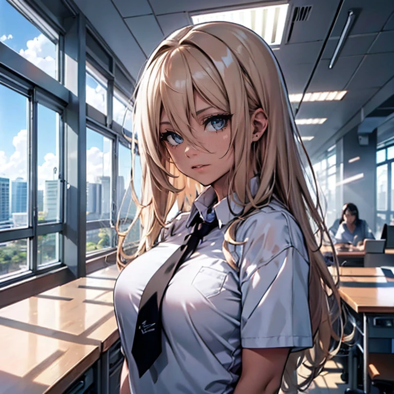 A woman wearing a white office t-shirt, wearing a tie around your neck, uma saia preta, meias longas femininas, seios grandes, cabelo loiro longo, olhos azuis, in an office in a large building, com tabelas, computadores, a window overlooking several buildings, lugar brilhante, efeito de desfoque de fundo, HDR, ultra resolution, bem definido, obra de arte, 8k HD.