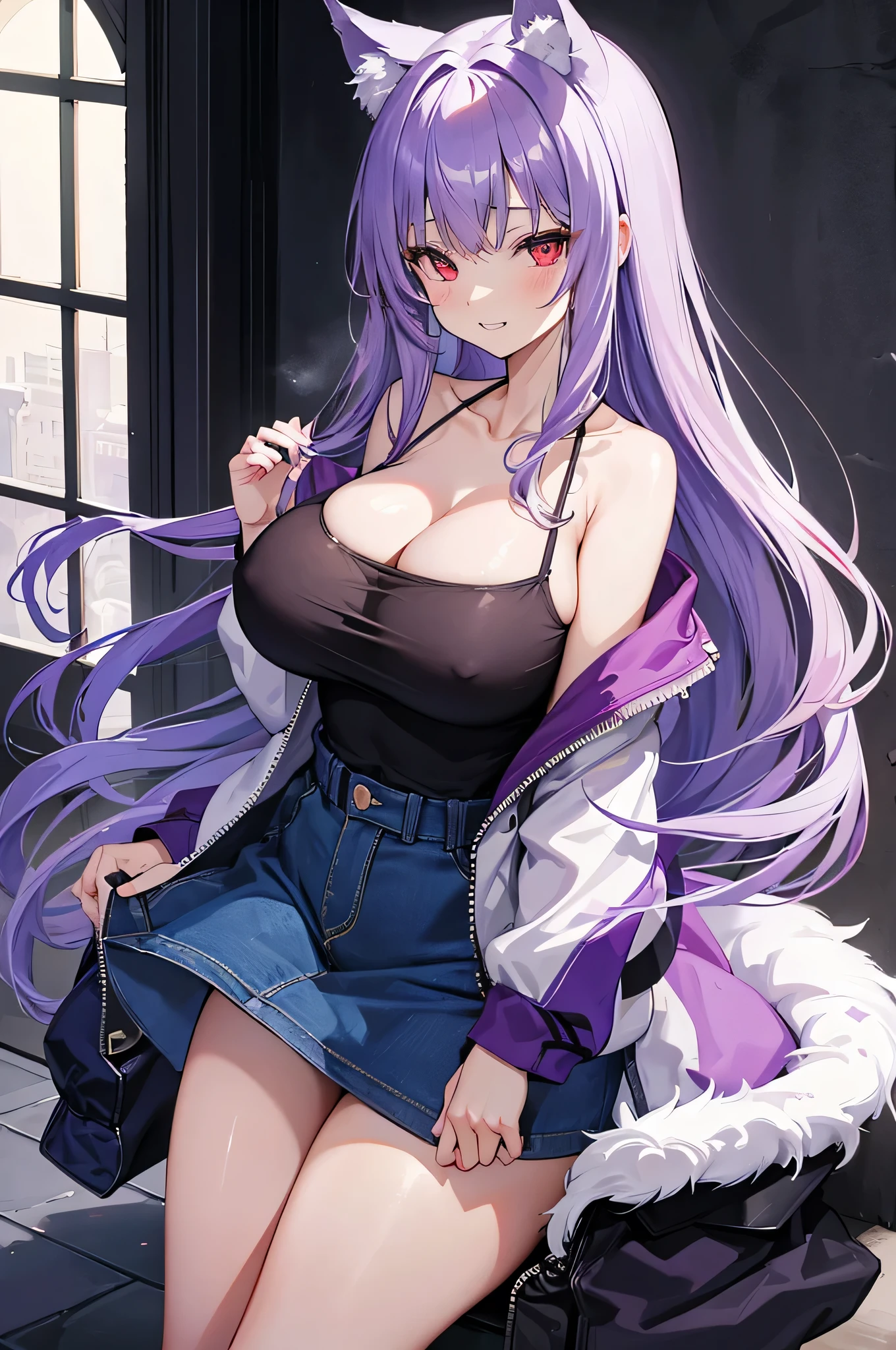 The best masterpiece、Wolf Girl, Large Breasts, Voluminous light purple hair, masterpiece , Red eyes, hd, Thick thighs, Head to Chest, buried in my chest、Double teeth、tooth、Chubby、Grinning、camisole、Big Tits、Denim Jacket、white iris、