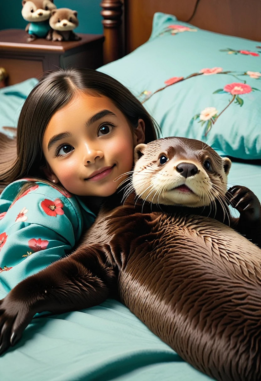 A girl laying on the bed, while an otter on the top of her body