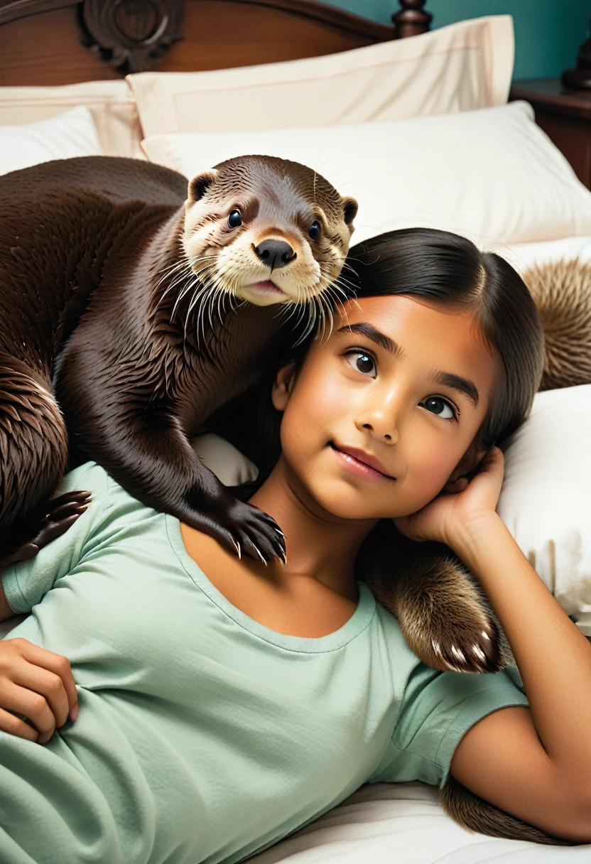 A girl laying on the bed, while an otter on the top of her body