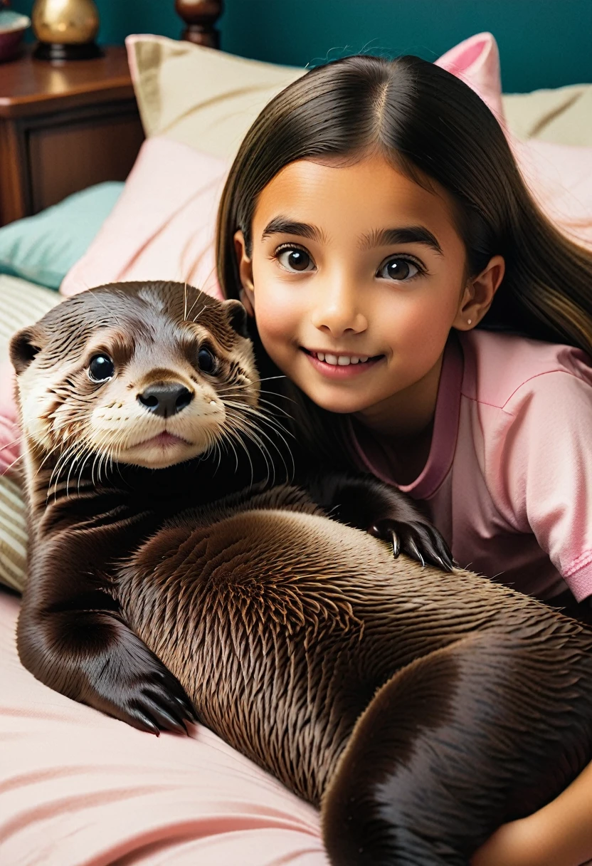 A girl laying on the bed, while an otter on the top of her body