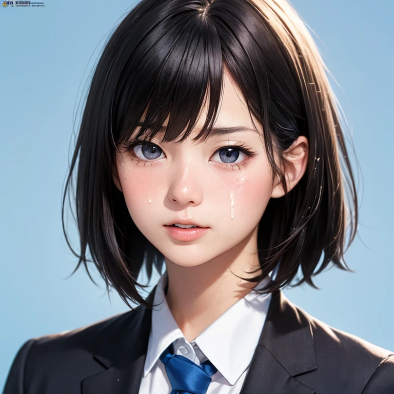 NSFW, (kawaii 24 year-old Japanese girl, Nogizaka idol, Korean idol), (glossy hair, very short hair, bangs:1.3), (beautiful black eyes, rounded face, single eyelid, no makeup:1.4), (embarrassed, noseblush, half opened mouth:1.5), (semen on the face, bukkake:1.5), (wearing suit jacket, collared shirt, necktie:1.3), (extra small breasts:0.9), (looking at away out of frame:1.5), BREAK, (simple blue background:1.3), (view from forward, bust shot:1.3), BREAK, (masterpiece, best quality, photo realistic, official art:1.4), (UHD, 8K quality wallpaper, high resolution, raw photo, golden ratio:1.3), (shiny skin), professional lighting, physically based rendering, award winning, (highly detailed skin, extremely detailed face and eyes), Carl Zeiss 85 mm F/1.4, depth of field, 1girl, solo,