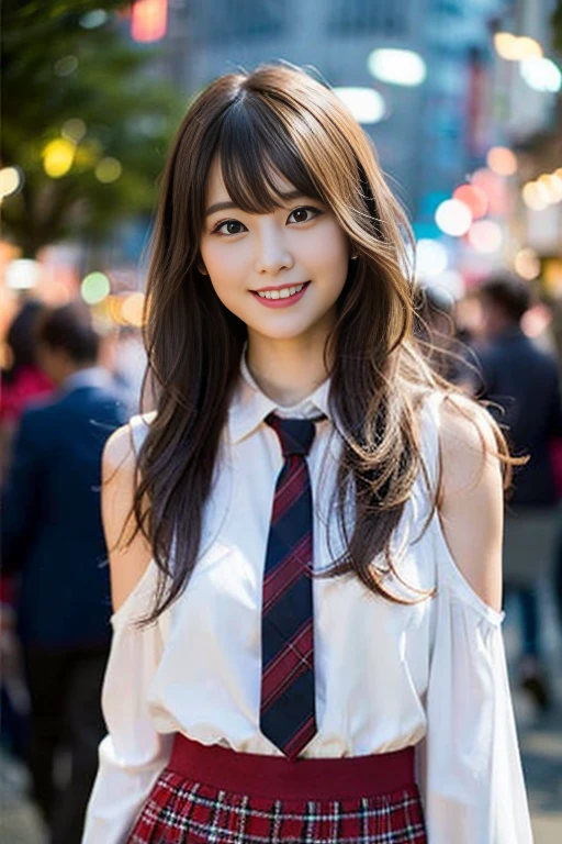 (8K、Raw photography、top-quality、masterpiece:1.2)、(realisitic、Photorealsitic:1.37)、ultra-detailliert、超A high resolution、1 girl、see the beholder、beautifull detailed face、A smile、Constriction、(Slim waist) :1.3)、Beautiful detailed skin、Skin Texture、Floating hair、Professional Lighting、Whole human body、Longhaire、a blond、japanese hight 、hi-school girl、Christmas Lights、red ribbon hair、Happy smile、Childish smile、Suppin、red 、Light blue plaid skirt、light blue plaid tie、Light blue eyes
