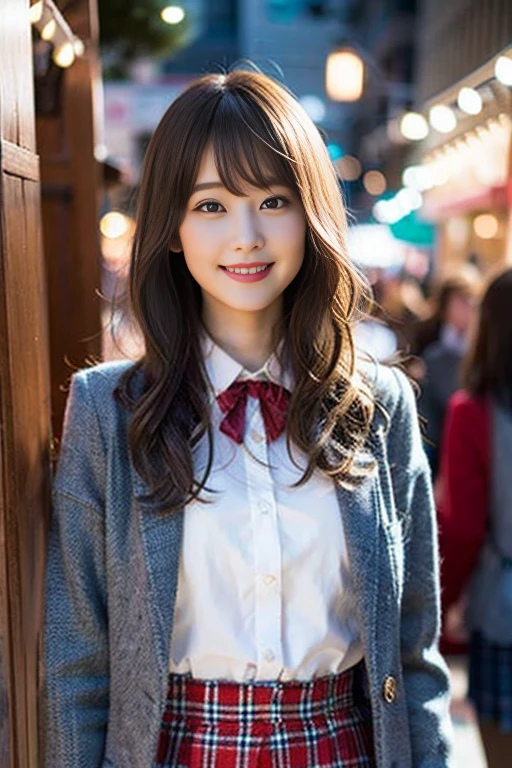 (8K、Raw photography、top-quality、masterpiece:1.2)、(realisitic、Photorealsitic:1.37)、ultra-detailliert、超A high resolution、1 girl、see the beholder、beautifull detailed face、A smile、Constriction、(Slim waist) :1.3)、Beautiful detailed skin、Skin Texture、Floating hair、Professional Lighting、Whole human body、Longhaire、a blond、japanese hight 、hi-school girl、Christmas Lights、red ribbon hair、Happy smile、Childish smile、Suppin、red 、Light blue plaid skirt、light blue plaid tie、Light blue eyes