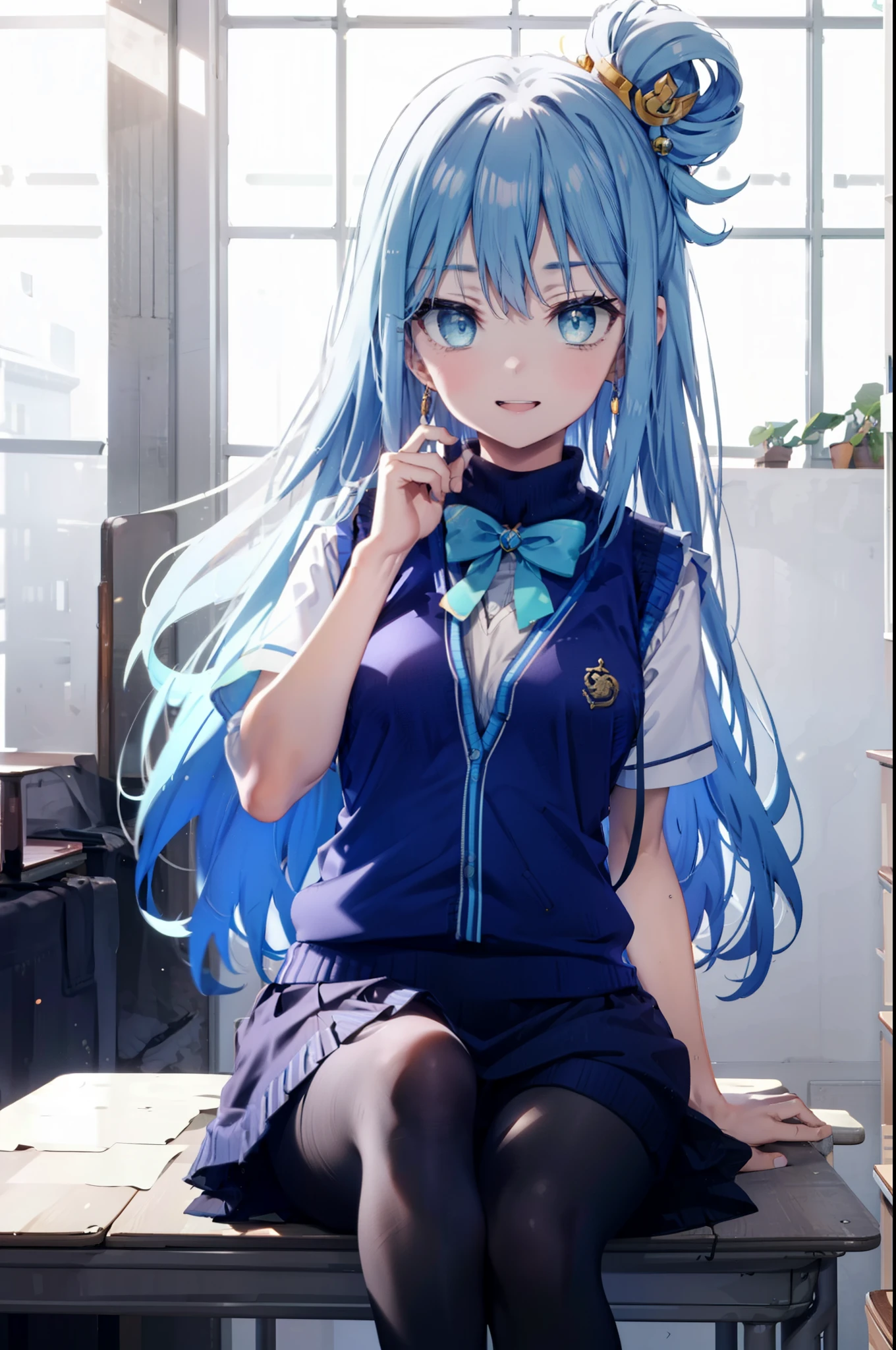 konosubaAqua, Aqua, Long Hair, blue eyes, hair ornaments, very Long Hair, Blue Hair, Hair Ring, シングルHair Ring, Hair ties,happy smile, smile, Open your mouth,
White Sailor Suit,Short sleeve,Sweater vest, (blue Sweater vest:1.5),White Thailand,black pleated skirt,Black pantyhose,Black Loafers,whole bodyがイラストに入るように,Sitting at a desk with legs crossed,
break door, School　classroom,crowd, people々々々,
break looking at viewer, whole body,
break (masterpiece:1.2), highest quality, High resolution, unity 8k wallpaper, (shape:0.8), (Beautiful and beautiful eyes:1.6), Highly detailed face, Perfect lighting, Extremely detailed CG, (Perfect hands, Perfect Anatomy),