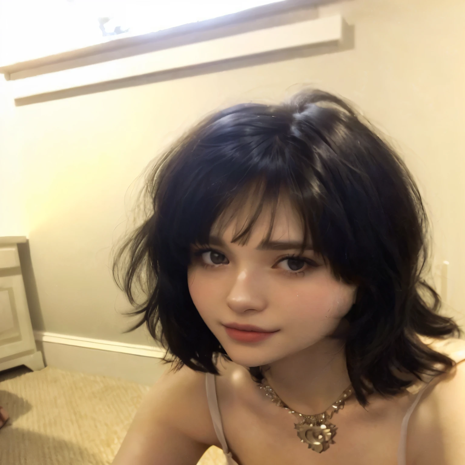 there is a young woman with a necklace on sitting in a room, with short hair, the hime cut, with bangs, fluffy bangs, with short hair with bangs, white hime cut hairstyle, cynthwave, curtain bangs, she has black hair with bangs, hair whitebangs hair, joey king, neat hair with bangs, girl cute-fine-face