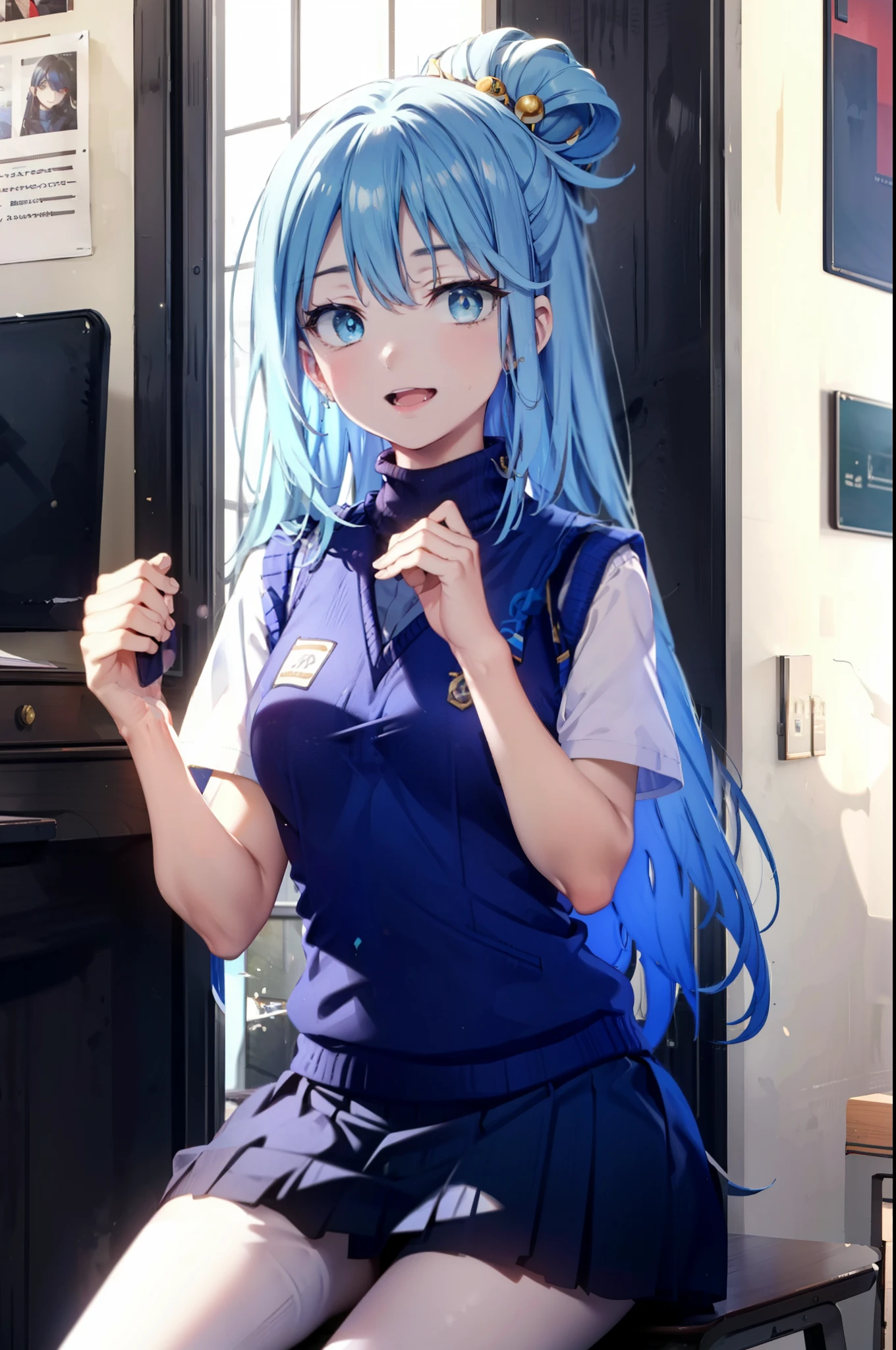 konosubaAqua, Aqua, Long Hair, blue eyes, hair ornaments, very Long Hair, Blue Hair, Hair Ring, シングルHair Ring, Hair ties,happy smile, smile, Open your mouth,
White Sailor Suit,Short sleeve,Sweater vest, (blue Sweater vest:1.5),White Thailand,black pleated skirt,Black pantyhose,Black Loafers,whole bodyがイラストに入るように,Sitting at a desk with legs crossed,
break door, School classroom,crowd, people々々々,
break looking at viewer, whole body,
break (masterpiece:1.2), highest quality, High resolution, unity 8k wallpaper, (shape:0.8), (Beautiful and beautiful eyes:1.6), Highly detailed face, Perfect lighting, Extremely detailed CG, (Perfect hands, Perfect Anatomy),
