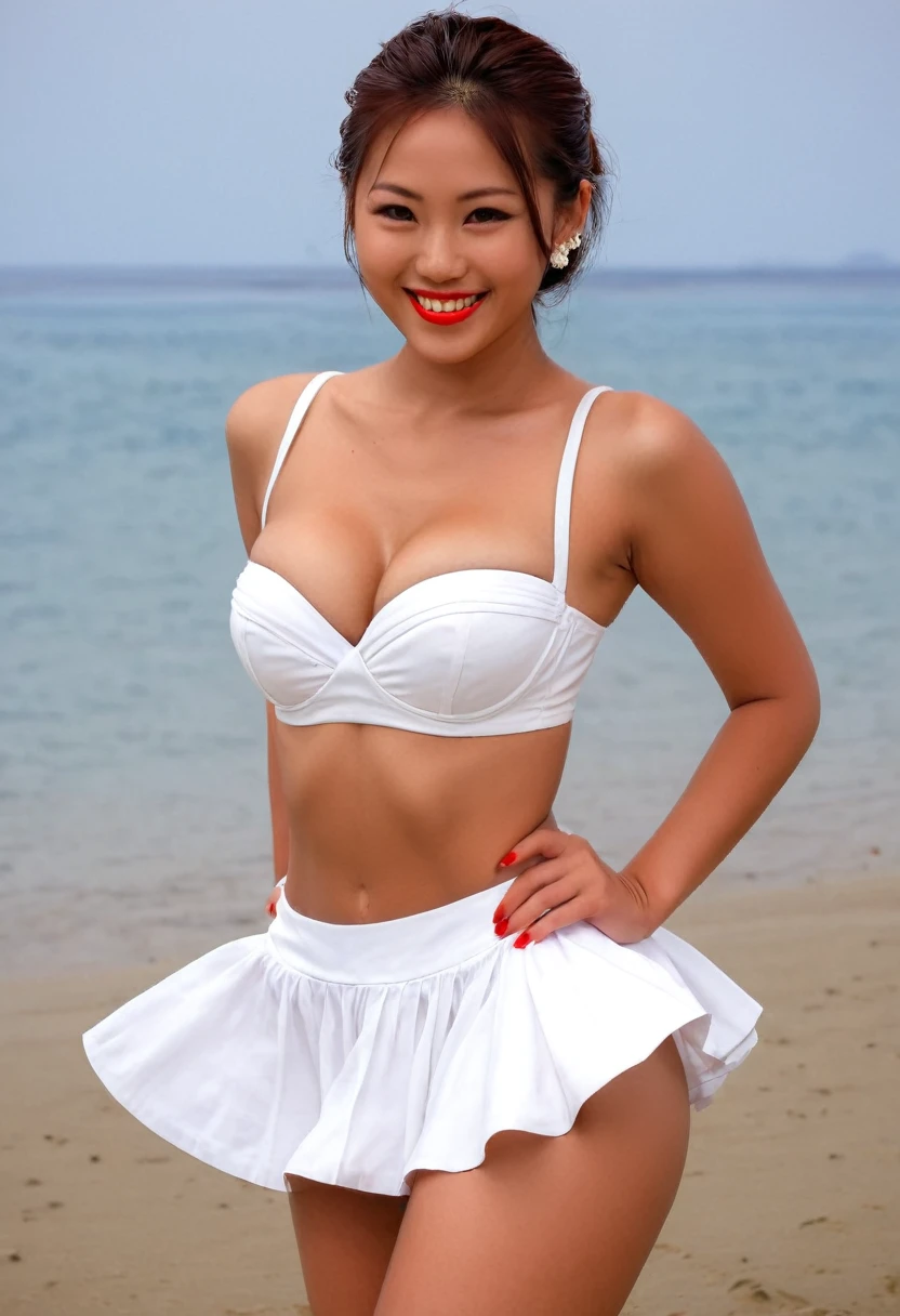 (( master piece)), ((best quality)),sexy,tanned, medium breasts,round ass, very short white skirt, white bra, beach,smile,Red, lips,japanese girl,seductive