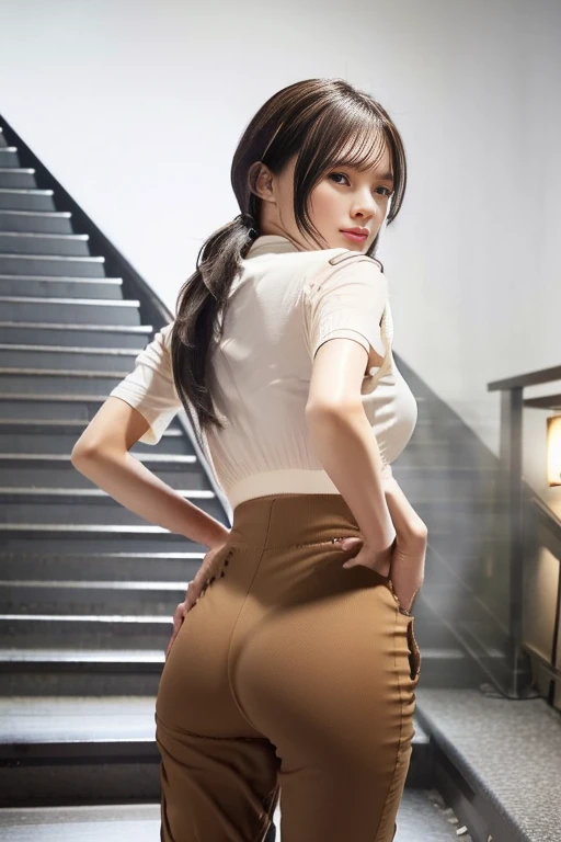 Young Japanese、woman、26 years old、Beauty、(Slender body、slender),(Long Hair、chestnut-colored hair),(Pure white cut-and-sew top、No sleeve、Short sleeve、White shirt、White cut and sew:1.7),Large Breasts、The bumps on the chest are visible、Small butt、(The lines of the lower body are emphasized、Pants、Tight slacks,Light brown slacks、Perfect for the body:1.8)、(Panty lines showing through pants:1.7)、Sexy Style、cute、Straight face、(Back view、Looking back on this、Straight face:1.8),Stick your ass out、Wearing black high heels、(Full body shot、Shooting from a little distance、Shooting from a distance:1.3)、(Full body photo:1.8)、(The line of the underwear is visible:1.4)、(Stairs:1.6)
