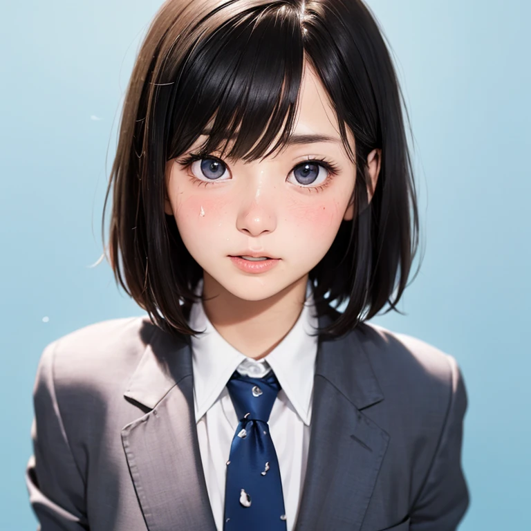 NSFW, (kawaii 24 year-old Japanese girl, Nogizaka idol, Korean idol), (glossy hair, very short hair, bangs:1.3), (beautiful black eyes, rounded face, single eyelid, no makeup:1.4), (embarrassed, noseblush, half opened mouth:1.5), (semen on the face, bukkake:1.5), (wearing suit jacket, collared shirt, necktie:1.3), (extra small breasts:0.9), (looking at away out of frame:1.5), BREAK, (simple blue background:1.3), (view from forward, bust shot:1.3), BREAK, (masterpiece, best quality, photo realistic, official art:1.4), (UHD, 8K quality wallpaper, high resolution, raw photo, golden ratio:1.3), (shiny skin), professional lighting, physically based rendering, award winning, (highly detailed skin, extremely detailed face and eyes), Carl Zeiss 85 mm F/1.4, depth of field, 1girl, solo,