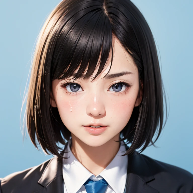 NSFW, (kawaii 24 year-old Japanese girl, Nogizaka idol, Korean idol), (glossy hair, very short hair, bangs:1.3), (beautiful black eyes, rounded face, single eyelid, no makeup:1.4), (embarrassed, noseblush, half opened mouth:1.5), (semen on the face, bukkake:1.5), (wearing suit jacket, collared shirt, necktie:1.3), (extra small breasts:0.9), (looking at away out of frame:1.5), BREAK, (simple blue background:1.3), (view from forward, bust shot:1.3), BREAK, (masterpiece, best quality, photo realistic, official art:1.4), (UHD, 8K quality wallpaper, high resolution, raw photo, golden ratio:1.3), (shiny skin), professional lighting, physically based rendering, award winning, (highly detailed skin, extremely detailed face and eyes), Carl Zeiss 85 mm F/1.4, depth of field, 1girl, solo,