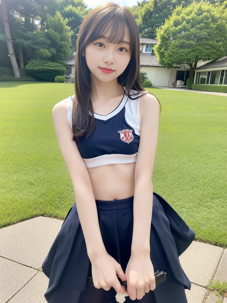 (masterpiece, highest quality:1.4), Award-winning portraits, 8k, 85mm, alone, Beautiful Face, Delicate girl,  (Cheerleader、On the grass), Sophisticated, cute, , RAW Photos, Confused, High resolution, Sharp focus, Background Blur、(((flat  、thin and delicate body、Childish atmosphere)))、shiny semi-long hair、ponytail、Mole on the left cheek、 Dark blue eyes、High Kick、the skirt is swaying in the wind、Hair swaying in the wind、sexy、flexible legs