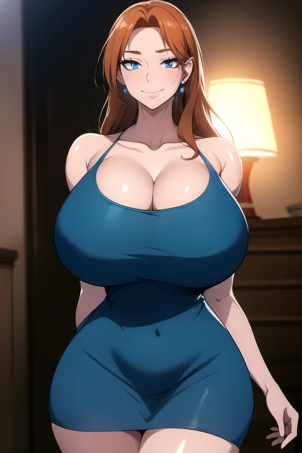 masterpiece, best quality, absurdres, 8k, perfect shadows,perfect lighting,hdr, ambient lighting, cowboy shot,shiny skin,skindentation, beautiful body, NamiFinal, orange hair, long hair, blue eyes, (minidress, cleavage, jewelry earrings,tight fit, complex detailed background, inside, luxury palace) (gigantic breasts, bare shoulders, thin waist,very slim waist)extremely detailed face,detailed eye makeup, detail face, nice detailed eyes,nice hands, perfect hands (realistic pupils,realistic iris:1) heavy eye makeup,glowing eyes, Bright eyes,standing,standing at attention,(seductivel smile), gigantic breasts, curvy