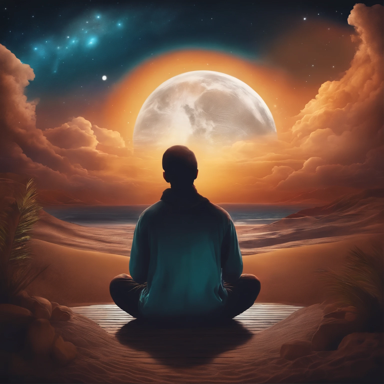 desenho de uma pessoa meditando no vasto universo, cores contrastadas, Lua cheia. Formato HD, minimum 300dpi 