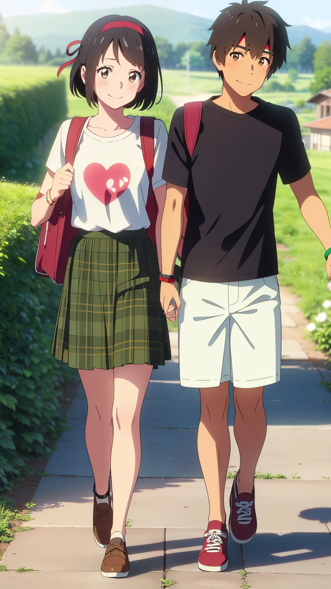 shinkai makoto, kimi no na wa., 1girl, 1boy, bangs, black hair, short hair, blush, black hair, short hair, brown eyes, (boy wear casual shirt, shorts), ((girl wear casual shirt, red headband, red ribbon, green skirt, plaid skirt)), t-shirt, bracelet, cute, love, couple, adorable, dating, outdoors, beautiful, shinny skin, looking at viewer, smile, cute, forest and farm background, backpack