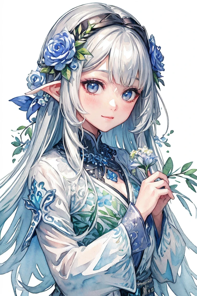 Best Photos、figure、detailed、(Watercolor:1.4)、(Hand-drawn:1.2)、(Watercolor brush bristles)、 masterpiece: 1.7, highest quality、alone、Show me your back、work、sketch、Paper Texture、Ultra-high resolution、extra detailedd face、Highly detailedd eyes、Flat Color、Limited edition palette、High Contrast、Realistic、Best lighting、welcome、beautiful、Goblinature Woman、beautiful woman、Gemstone Eyes、Gray Hair、Straight hair、Blue Gem、A small smile、Blanche:1.5、(Tangled、Mandala、Conflict、twist:1)、Background Flowers、Lots of flowers