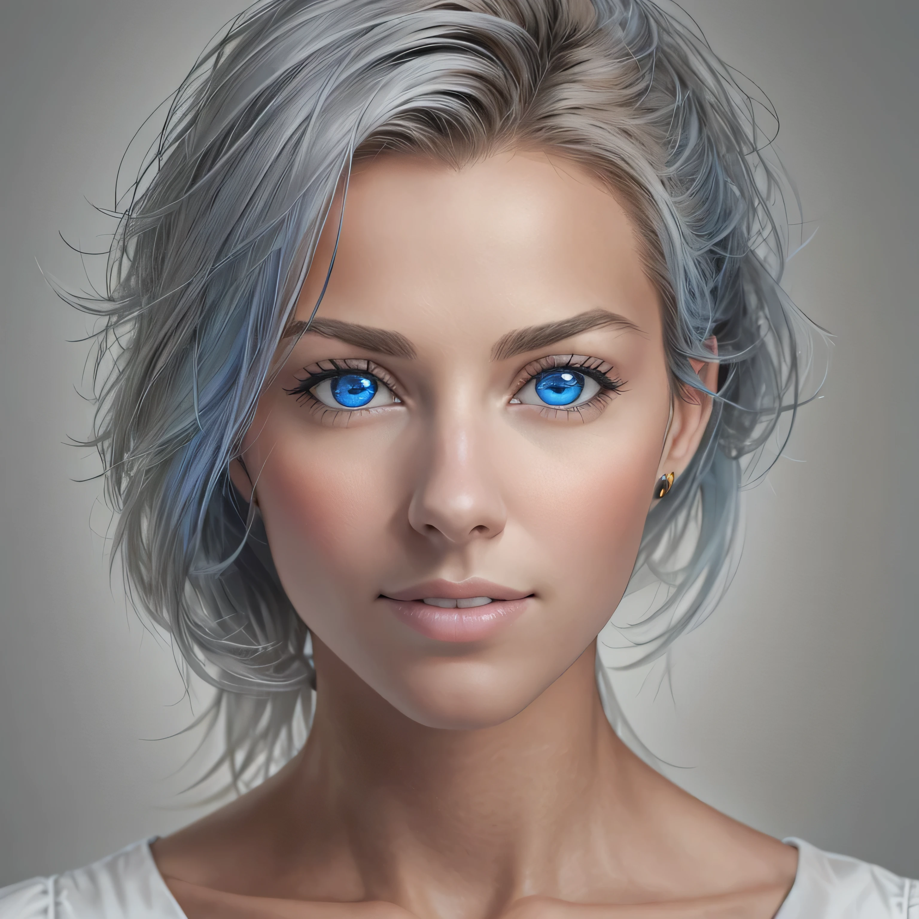 epischer Realismus, Fotorealistisch, Portrait of the upper half of the body, gerade Haltung von vorne, 30-year-old beautiful young woman, elegante gerade Haltung, perfektes Gesicht, langes braunes Haar, rebellische windige Frisur, perfekte blau-braune Augen, attraktiver selbstbewusster und ermutigender Blick, perfekter Mund, Slight smile, straight upper body with white top, Normale Oberweite, white-grey background, natural warm light.8k, HDR