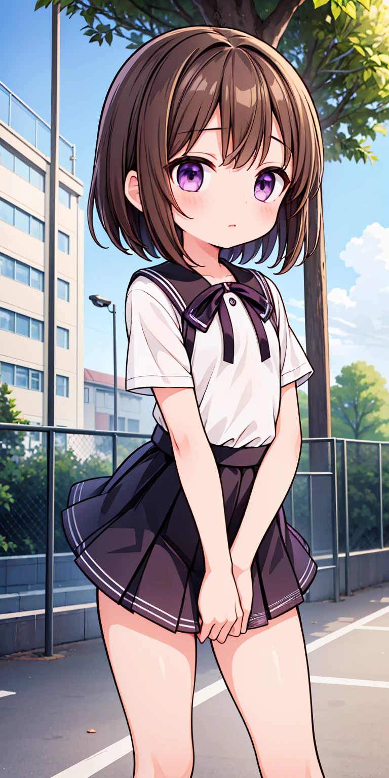 (High quality), (masterpiece), (very detailed), girl, (flat chest:1.6), short brown hair, purple eyes, shy face, primary ****** girl, white blouse, black skirt with pleats, (chibi:0.6), showing her thighs, on the school yard, sunny, detailed fingers, school girl