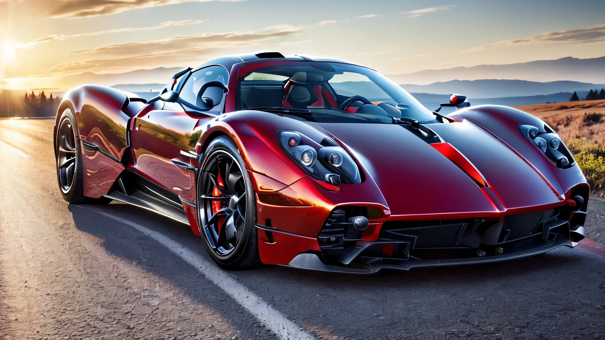 road, red sports car pagani Utopia, bright sun, the forest((8K, Raw-Photo, top quality, masterpiece), Highly detailed RAW color photography, professional photography, (realistic, photorealism:1. 37), (top quality), (best shadow), (Best Illustration), ultra high resolution, highly detailed CG wallpaper unified 8K, Physics-based rendering)