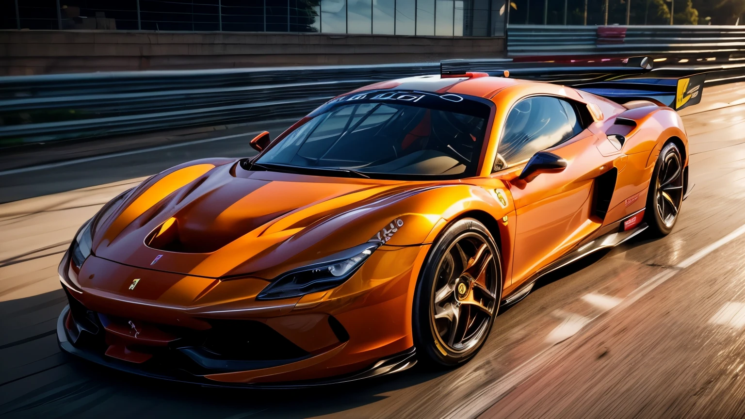 arafed image of a (ferrari tributohypercar:1.4), (8k, RAW photo, best quality, masterpiece:1.2), (realistic, photo-realistic:1.37), (full body:1.3) (detailed), (highres), ultra realistic, hyperrealistic, high detail RAW color photo of (ferrari hypercar:1.4), high angle shot front view ferrari hypercar driving on a race track, stormy weather, (wet:1.2), (water dust:1.2), 8k uhd, high quality, motion blur, depth blur, cinematic, filmic image 4k, vibrant color, (reflections),(ferrari) race car,(race car:1.4),(endurance race car:1.4),at night, lights, High Detail, Sharp focus, (photorealism), realistic, best quality, 8k, award winning, dramatic lighting, epic, cinematic, masterpiece, rim light, ambient fog:1.3, dutch angle, depth of field,8k uhd, high quality, motion blur, depth blur, cinematic, filmic image 4k, vibrant color, (reflections),spoiler, GT3 race car, WEC endurance cars,rollcage,sponsors,livery, sponsored livery,lights turned on,motion blur,closeup,commercial photography,AUDI R8 safety car