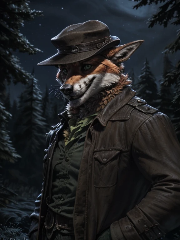 fox，male，Mature man，Green pupils，Sly smile，Place your hands at your sides，cap，Detective Costume，night，Wilderness（Detailed background:1.2),High Detail, Film Photography, Original Video, actual, Analog style, best quality, ultra actual, 8k, (author：Fiddler Tarrant),