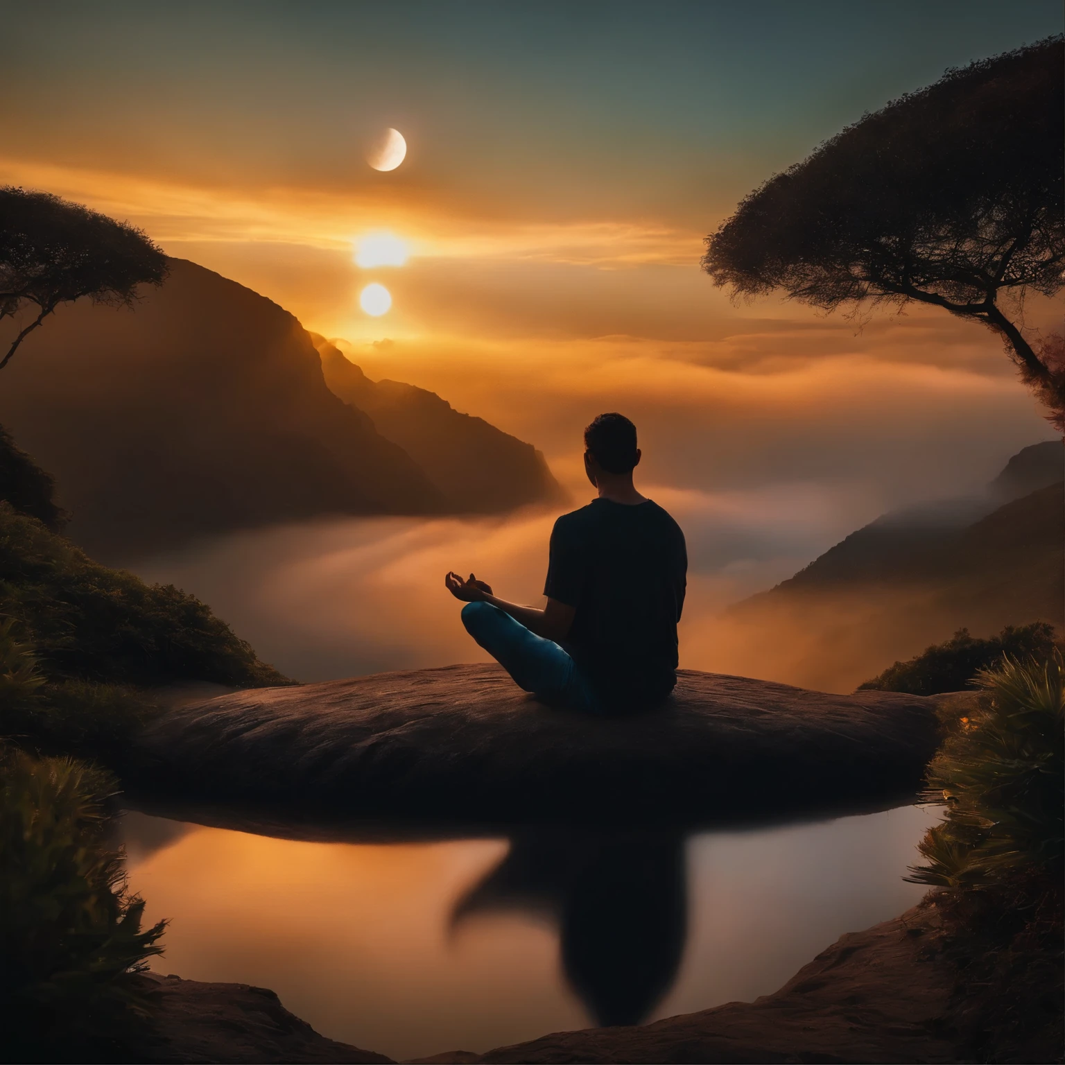 imagem de uma pessoa meditando no vasto universo, cores vibrantes, Lua cheia