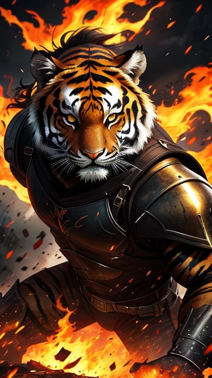 (a)A,tiger-headed,champion,black,orange,armor,dual axes,war-torn field,[vivid colors],[photorealistic:1.37],[extremely detailed eyes and face],ferocious expression,menacing aura,roaring with power,sharp focus,fierce battle,fire and smoke,flying debris,scattered weapons,ruined buildings,dark clouds,crimson sky,solemn atmosphere,heavy raindrops,helmet with tiger motif,element of danger,dominant presence,[bokeh],[HDR],[physically-based rendering],heroic stance,muscular physique,mysterious aura,commanding figure,amazing strength,warrior's spirit,