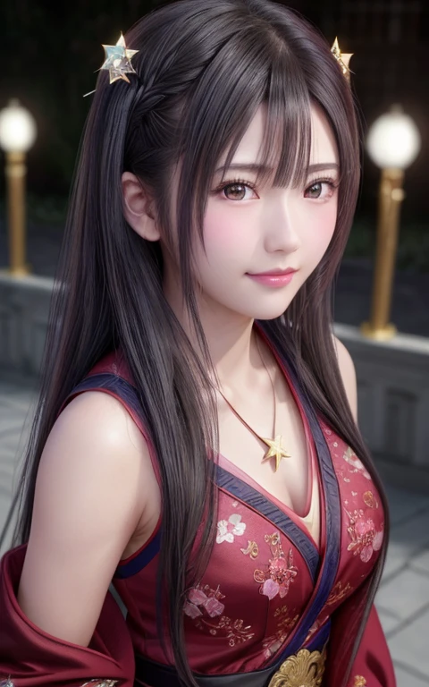 最high quality, masterpiece, High resolution, uxia 1 girl,blush,(enchanting smile:0.8),star-shaped pupil,Chinese Hanfu,hair ornaments,necklace, jewelry,beautiful face,On top of that_body, Tyndall effect,realistic, Dark studio, rim lighting, two-tone lighting,(high definition skin:1.2), 8k UHD, Digital single-lens reflex camera, soft lighting, high quality, volume lighting, Frank, photograph, High resolution, 4k, 8k, 