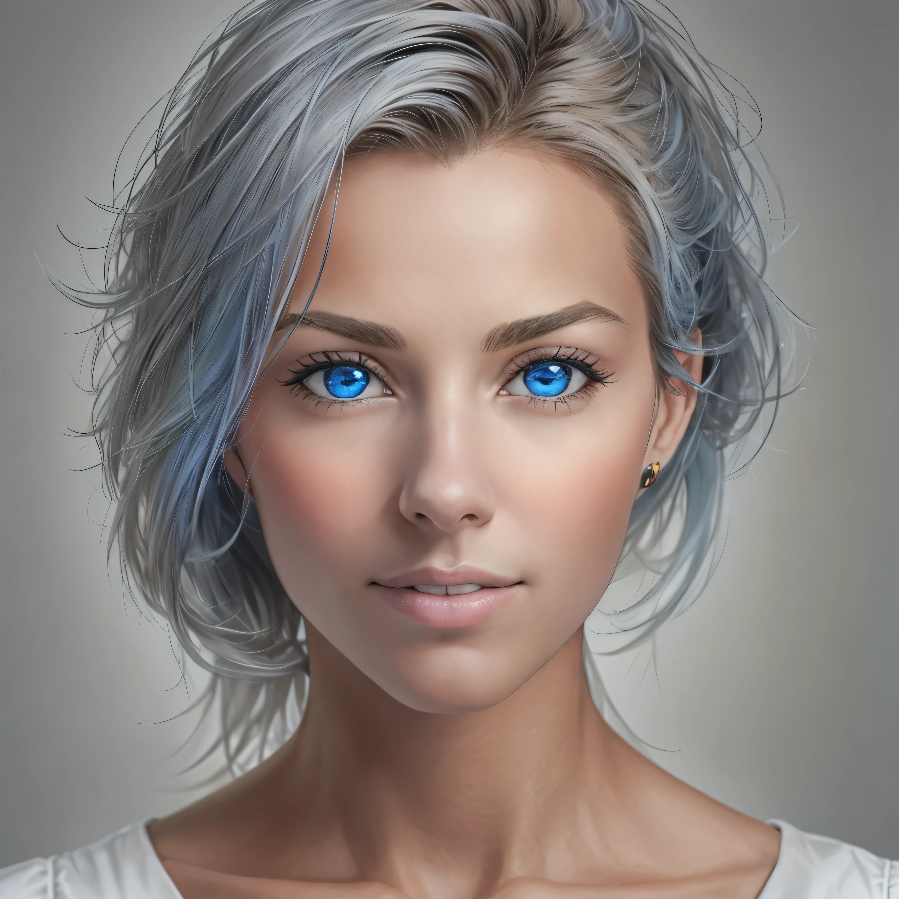 epischer Realismus, Fotorealistisch, Portrait of the upper half of the body, gerade Haltung von vorne, 30-year-old beautiful young woman, elegante gerade Haltung, perfektes Gesicht, langes braunes Haar, rebellische windige Frisur, perfekte blau-braune Augen, attraktiver selbstbewusster und ermutigender Blick, perfekter Mund, Slight smile, straight upper body with white top, Normale Oberweite, white-grey background, natural warm light.8k, HDR