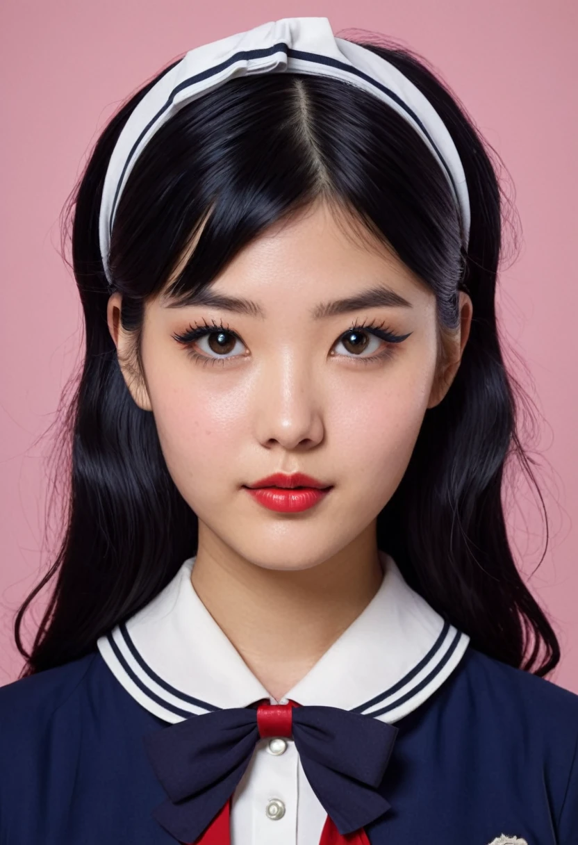 An incredibly detailed and stylish illustration of a single age almost adult girl in a retro-inspired , known as serafuku. She has long, black hair with a hairband and a mole under her eye, giving her a unique and charming appearance. The girl wears a sailor collar and looks directly at the viewer with a confident and intrigued expression. The background is Very Far forest, a departure from the traditional school setting, making the illustration more dynamic and engaging. This captivating piece is designed as a cinematic-style poster, showcasing the latest fashion trends and capturing the essence of the character.