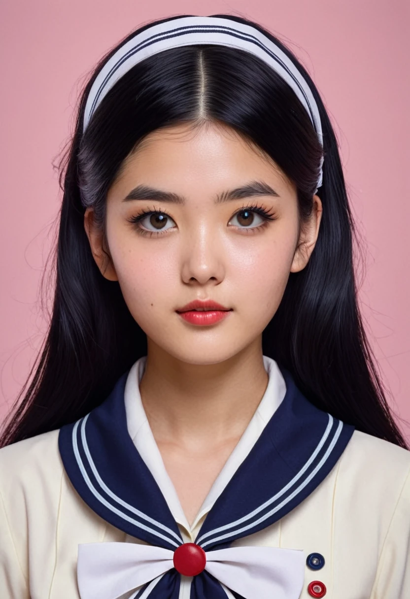 An incredibly detailed and stylish illustration of a single teenage almost adult girl in a retro-inspired , known as serafuku. She has long, black hair with a hairband and a mole under her eye, giving her a unique and charming appearance. The girl wears a sailor collar and looks directly at the viewer with a confident and intrigued expression. The background is Very Far forest, a departure from the traditional school setting, making the illustration more dynamic and engaging. This captivating piece is designed as a cinematic-style poster, showcasing the latest fashion trends and capturing the essence of the character.
