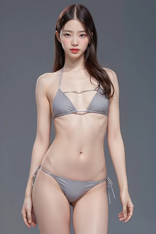 highest quality, masterpiece, Ultra-high resolution, (Realistic:1.4), RAW Photos, One 19-year-old girl, simple gray background, ((Micro Bikini、Upper Body、Lean forward、ballerina)), Looking at the audience