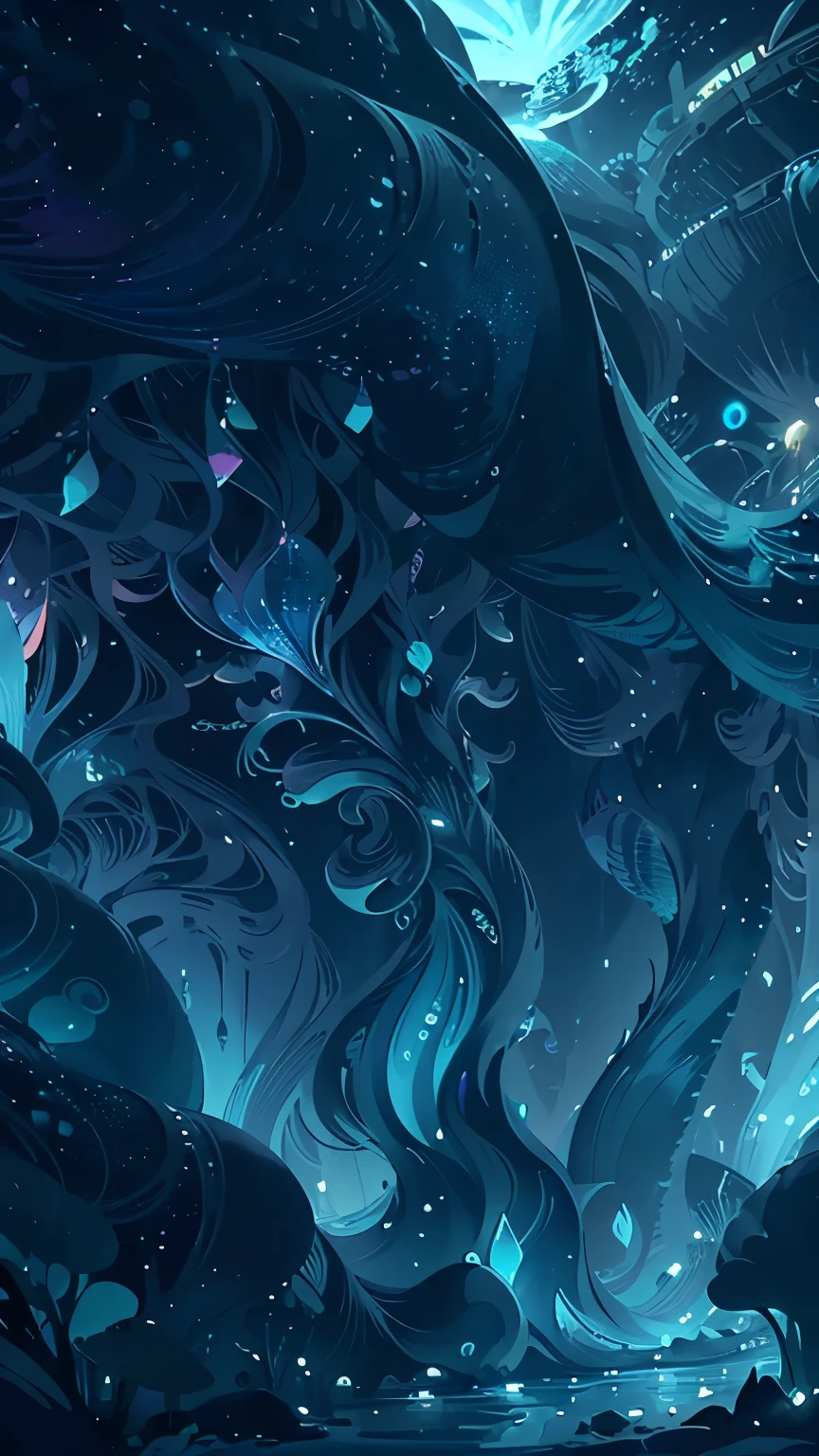 A psychedelic mermaid colony hidden in a bioluminescent space, where merfolk with iridescent tails perform mesmerizing dances amidst shimmering curtains of seaweed. neon fluor, giant mashrooms, a big blue whale flying in the sky, night sky. landscape.