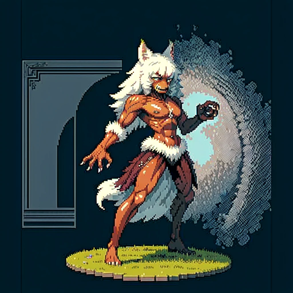 (masterpiece, top quality, best quality), pixel,pixel art,1werewolf,silver fur,full body