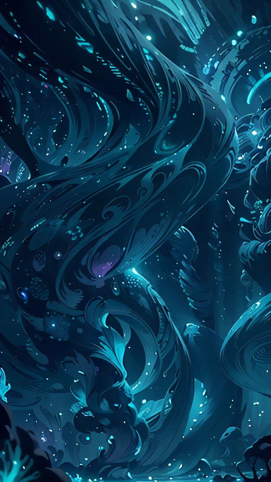 A psychedelic mermaid colony hidden in a bioluminescent space, where merfolk with iridescent tails perform mesmerizing dances amidst shimmering curtains of seaweed. neon fluor, giant mashrooms, a big blue whale flying in the sky, night sky. landscape. 