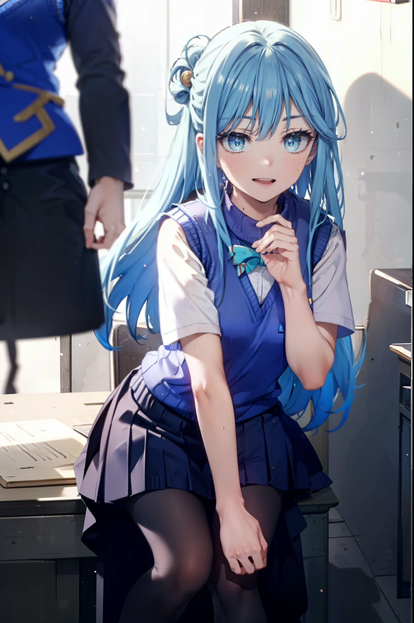 konosubaAqua, Aqua, Long Hair, blue eyes, hair ornaments, very Long Hair, Blue Hair, Hair Ring, シングルHair Ring, Hair ties,happy smile, smile, Open your mouth,
White Sailor Suit,Short sleeve,Sweater vest, (blue Sweater vest:1.5),White Thailand,black pleated skirt,Black pantyhose,Black Loafers,whole bodyがイラストに入るように,Sitting at a desk with legs crossed,
break door, School　classroom,crowd, people々々々,
break looking at viewer, whole body,
break (masterpiece:1.2), highest quality, High resolution, unity 8k wallpaper, (shape:0.8), (Beautiful and beautiful eyes:1.6), Highly detailed face, Perfect lighting, Extremely detailed CG, (Perfect hands, Perfect Anatomy),