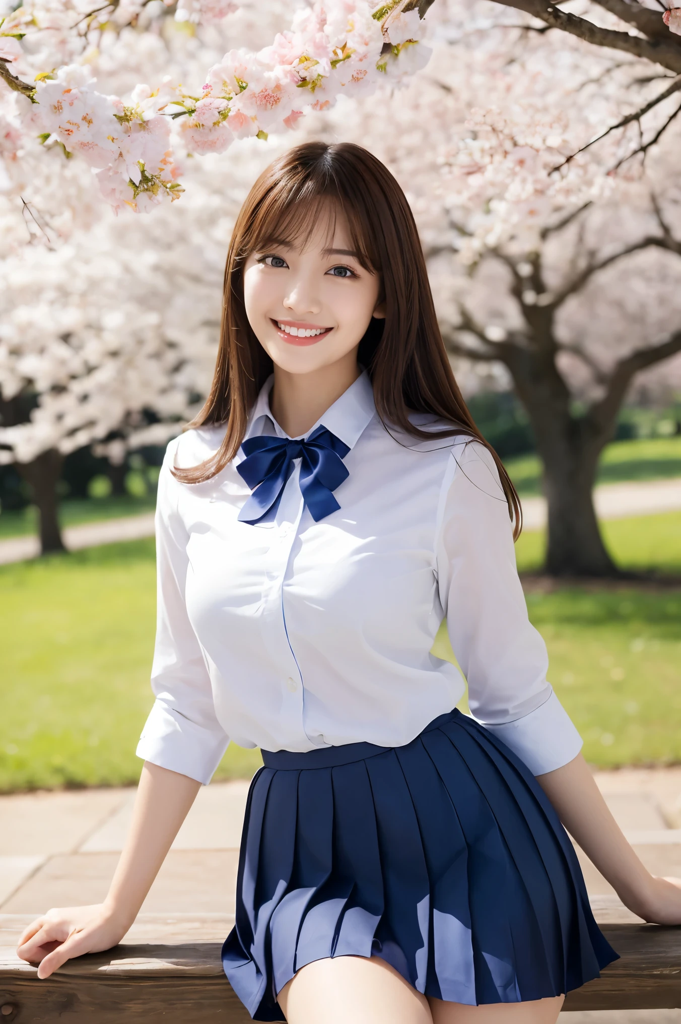 (1 girl), wonderful face and eyes, (big round eyes:1.15), (Highly detailed beautiful face), smile, (school uniform, pleated mini skirt:1.3), (school uniform with open breasts), (highest quality:1.4), (super detailed), (surreal, realistic:1.37), fair skin, Highly detailed CG integrated 8k wallpaper, RAW photo, professional photos, cinematic lighting, sitting, bench, spread your legs, (No panties:1.2), (cleft of venus:1.3), (Cherry Blossom), 