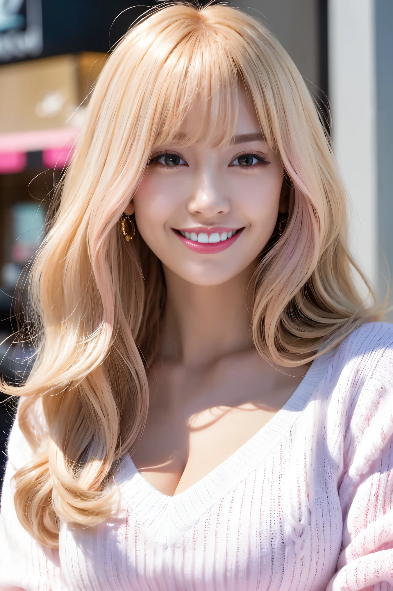 (Tabletop、highest quality、8k、Award-winning works、Ultra-high resolution)、One beautiful woman、(The perfect fluffy white V-neck long sleeve knit:1.3)、(Golden and pink hair:1.2)、(Blonde Hair:1.2)、Bright color contacts、Perfect Makeup、Bright and shiny lipstick、(Very heavy makeup:1.1)、(Pink eyeshadow:1.1)、Large Breasts、(Voluptuous body:1.1)、Heavy makeup around the eyes、(Face close-up:1.2)、Very long wavy hair、The best smile you ever had when you saw me、(Accentuate your body lines:1.1)、(Strongly blurred vibrant Harajuku street background:1.1)、(Strongly blurred background:1.1)、Accurate anatomy、Ultra HD Hair、(Ultra-high resolutionの完璧な美しい歯:1.1)、Ultra-high definition beauty face、Ultra HD Hair、Ultra-high definition sparkling eyes、輝くUltra-high resolutionの美肌、Ultra-high resolutionの艶やかな唇