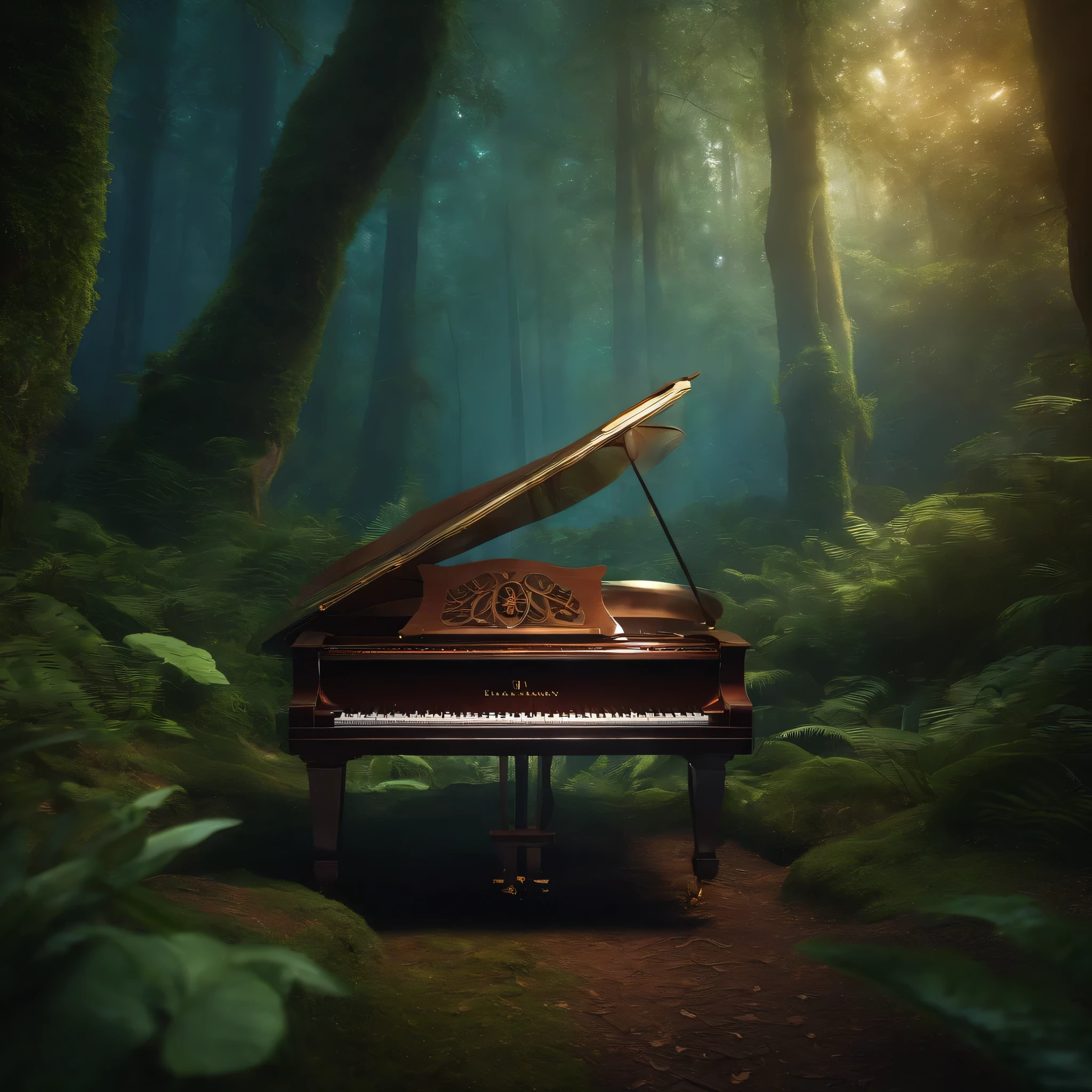 Gorgeous and fantastic piano portrait in fantasy forest, Printing possible, 8k